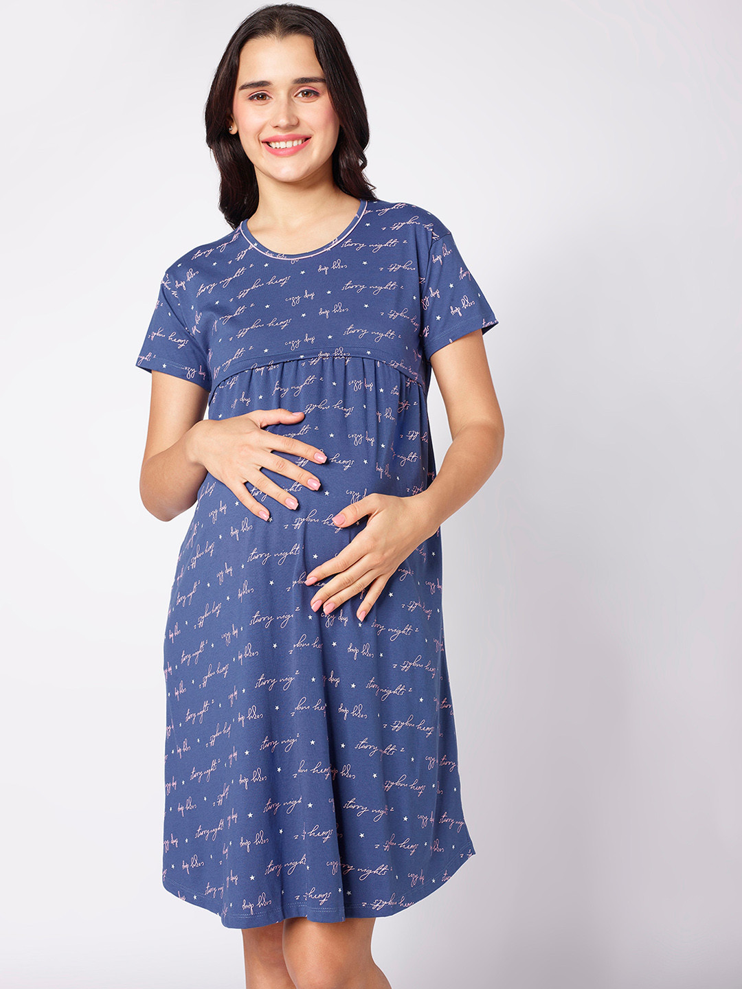

beebelle Typography Printed Pure Cotton Knee Length Maternity Nightdress, Blue