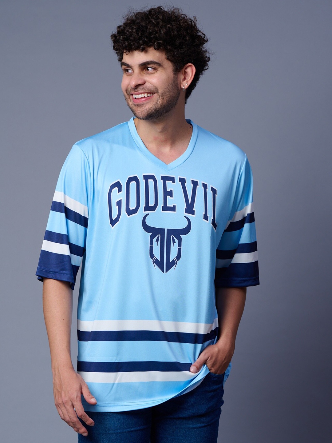 

GO DEVIL Men Typography Printed V-Neck Drop-Shoulder Sleeves T-shirt, Turquoise blue