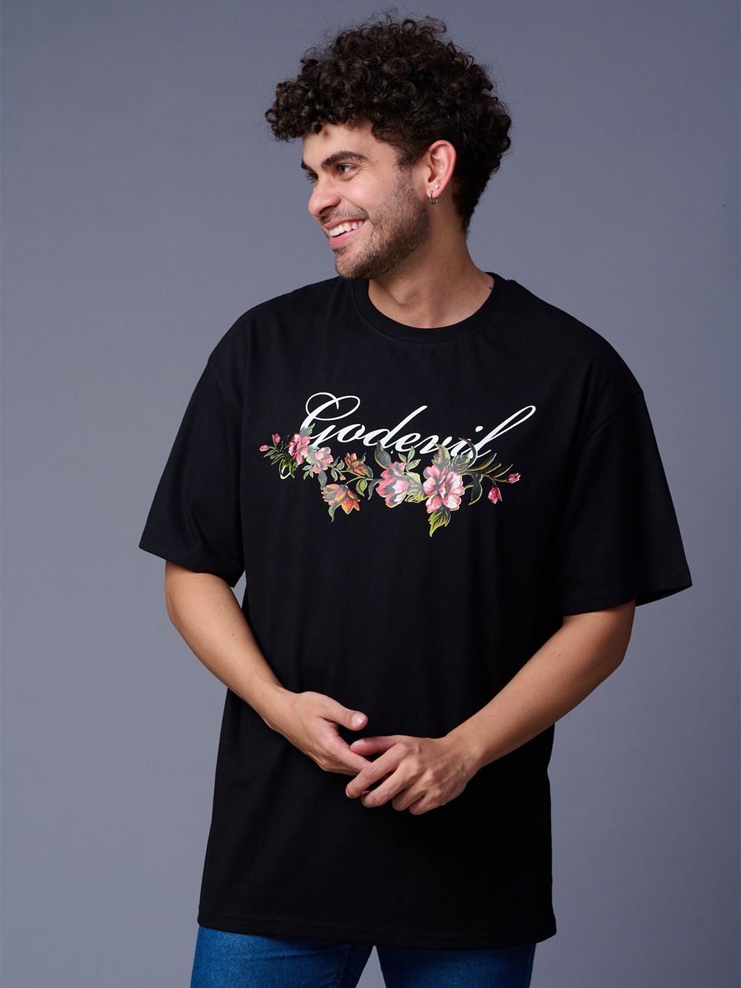 

GO DEVIL Men Floral Printed Drop-Shoulder Sleeves T-shirt, Black