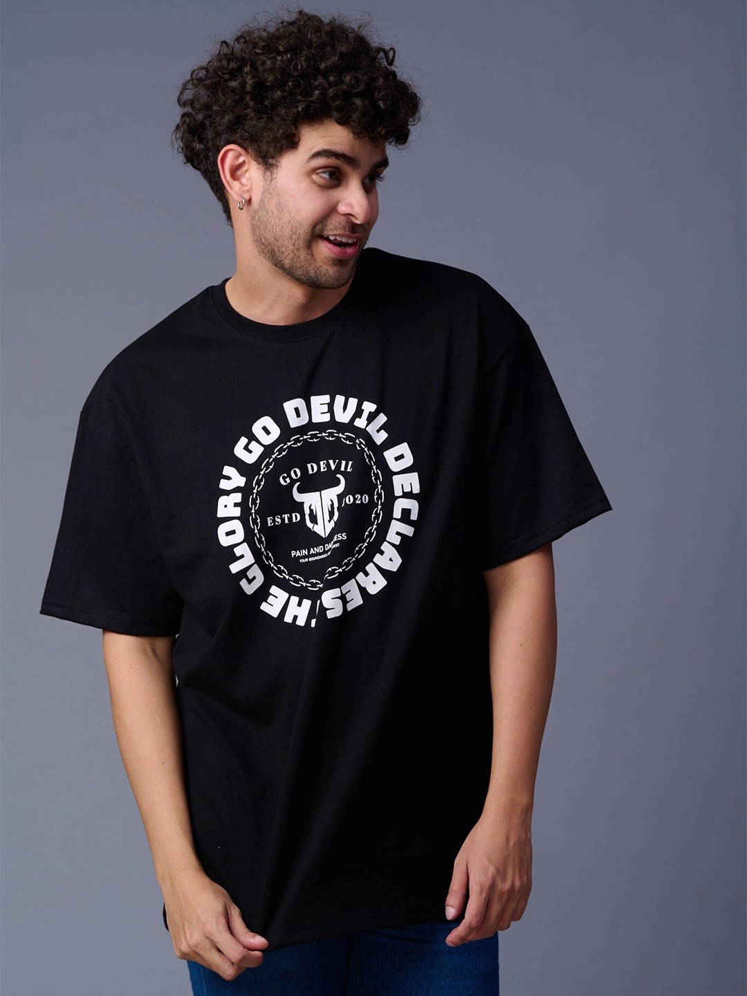 

GO DEVIL Printed Drop-Shoulder Sleeves Baggy T-shirt, Black