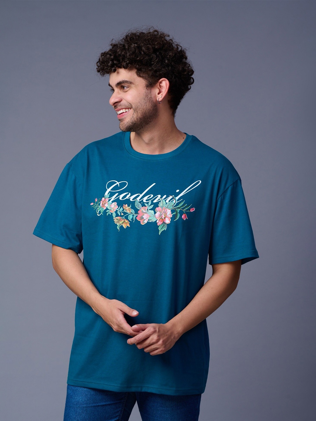 

GO DEVIL Men Floral Printed Drop-Shoulder Sleeves T-shirt, Teal