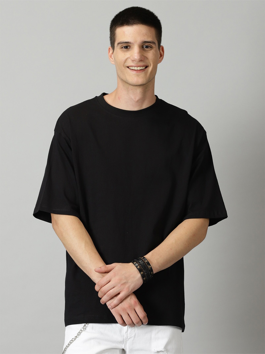 

SLOWLORIS Drop-Shoulder Sleeves Raw Edge Oversized T-shirt, Black