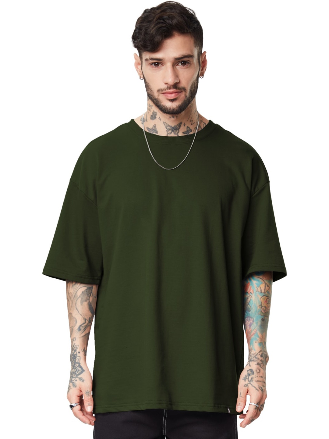 

SLOWLORIS Men V-Neck Raw Edge T-shirt, Olive