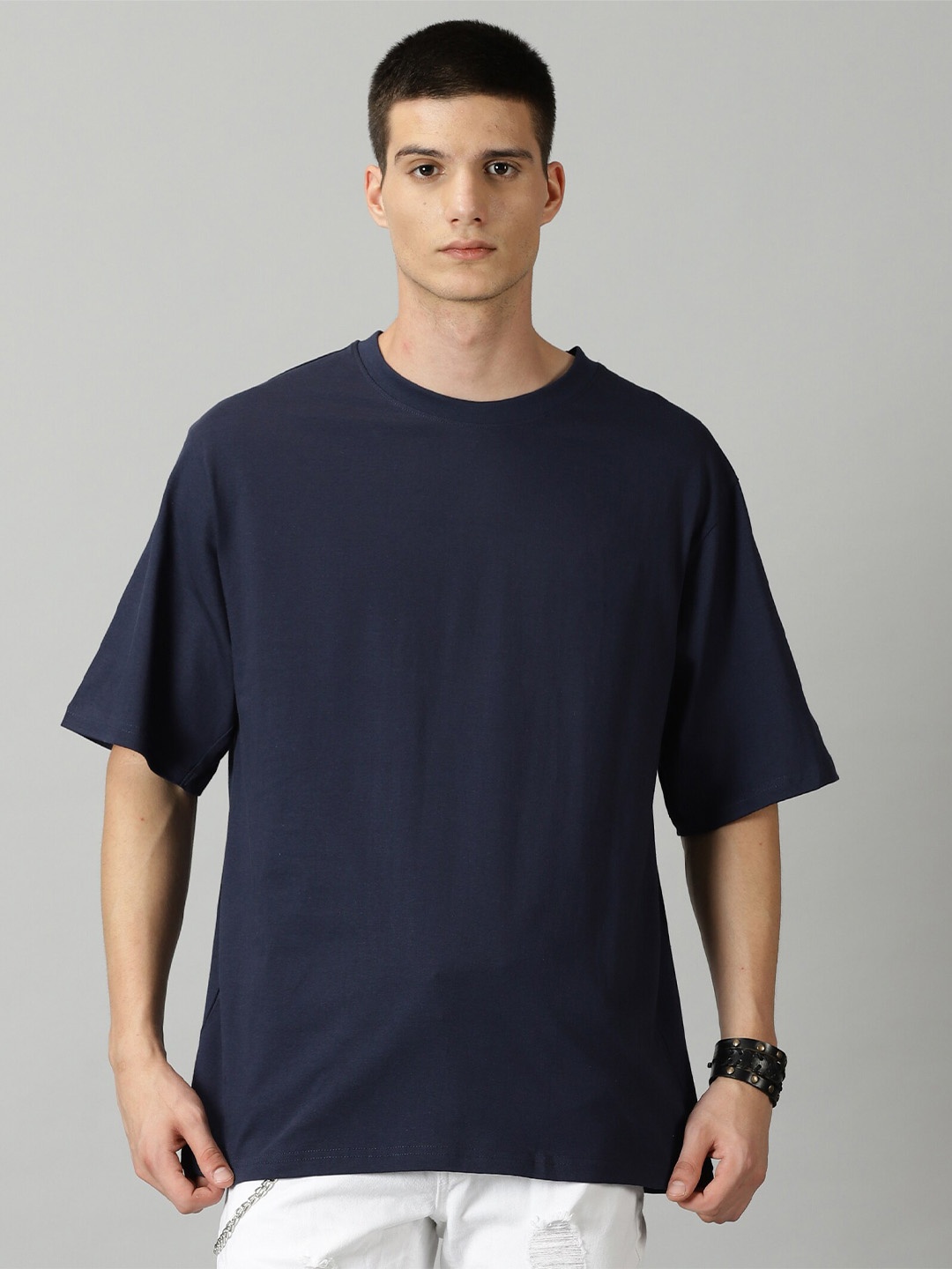 

SLOWLORIS Men Extended Sleeves Raw Edge T-shirt, Navy blue