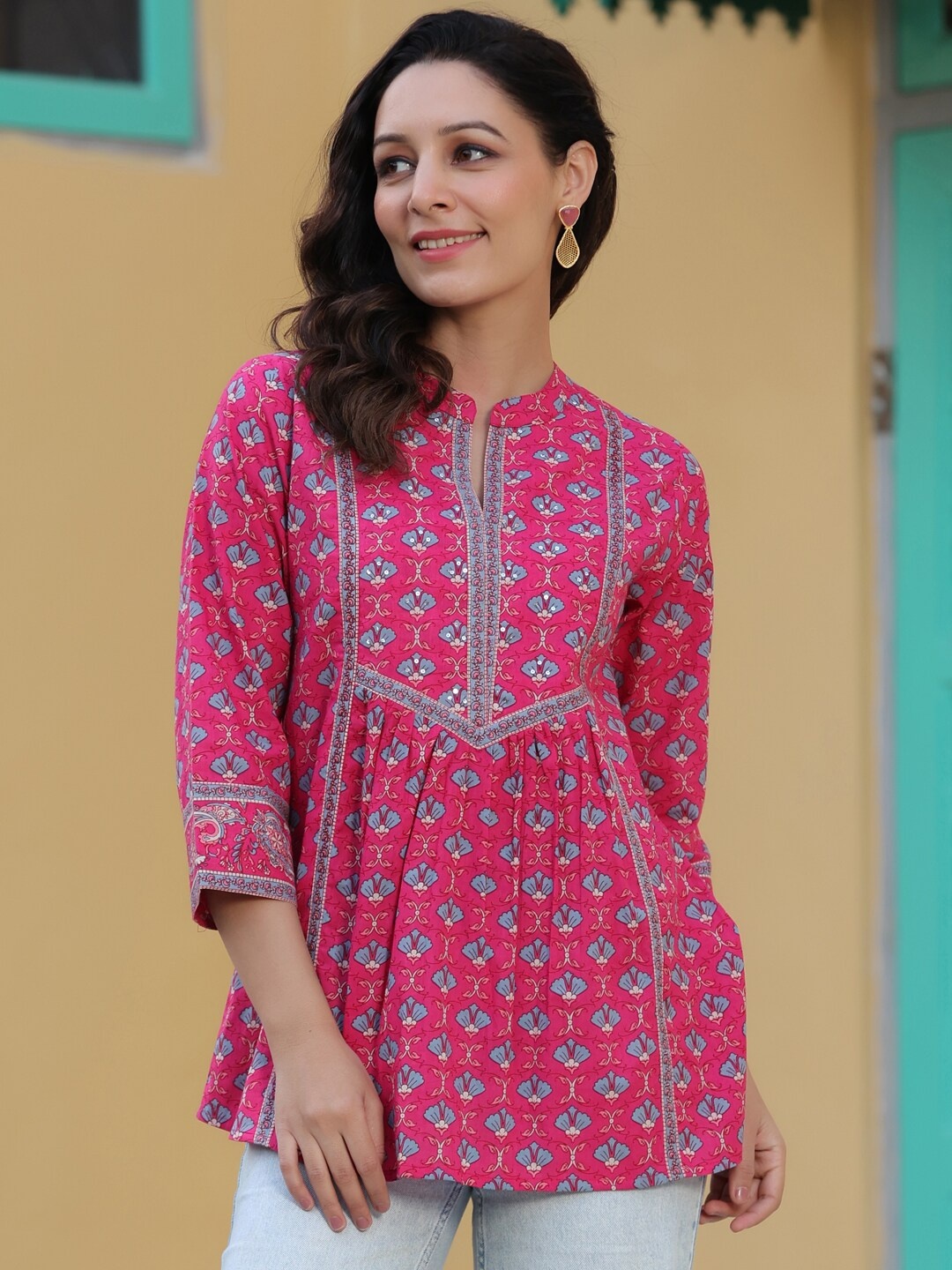 

Rain & Rainbow Ethnic Motifs Printed Pure Cotton A-Line Kurti, Fuchsia