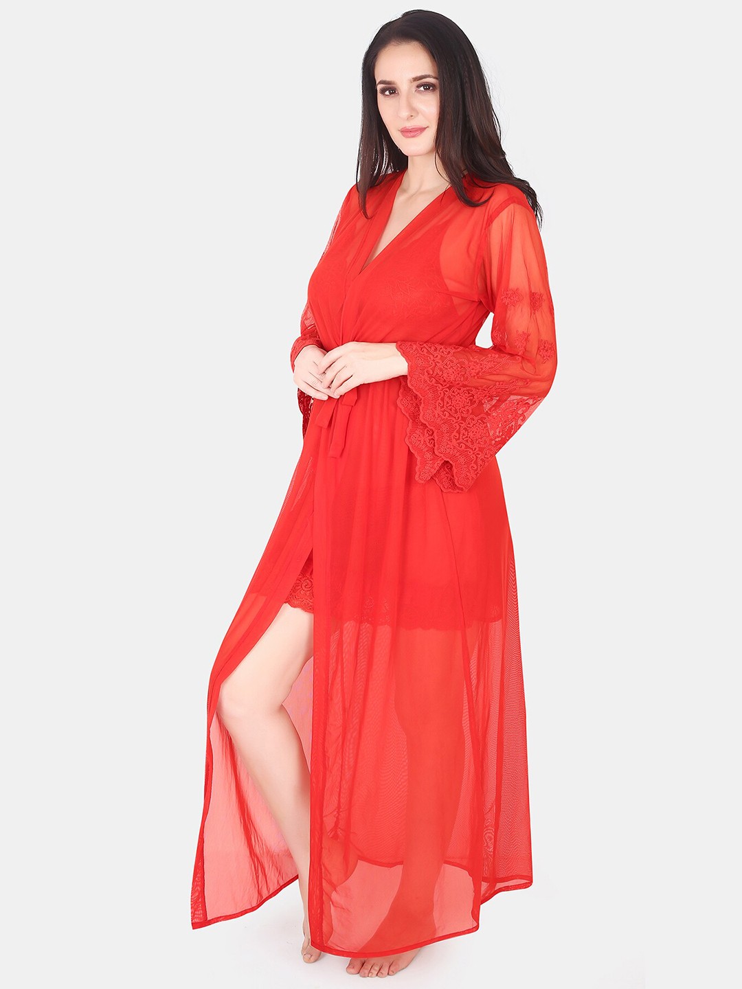 

Be You Floral Lace Shoulder Straps Satin Maxi Nightdress With Robe, Red