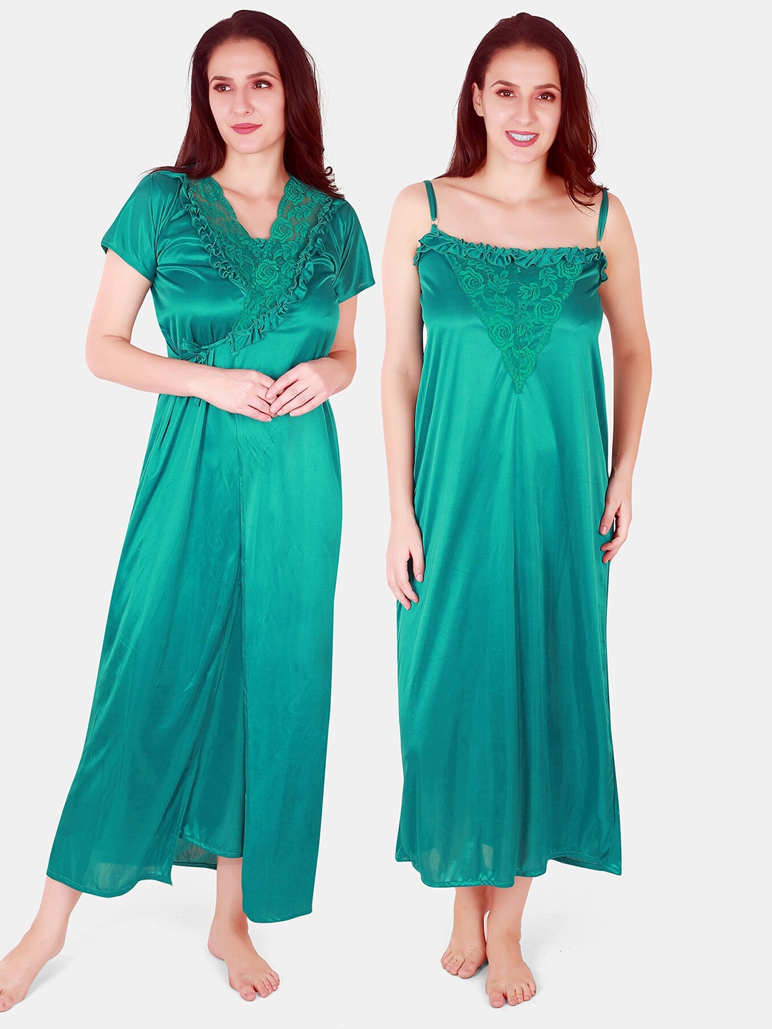 

Be You Floral Lace Shoulder Straps Satin Maxi Nightdress With Robe, Turquoise blue