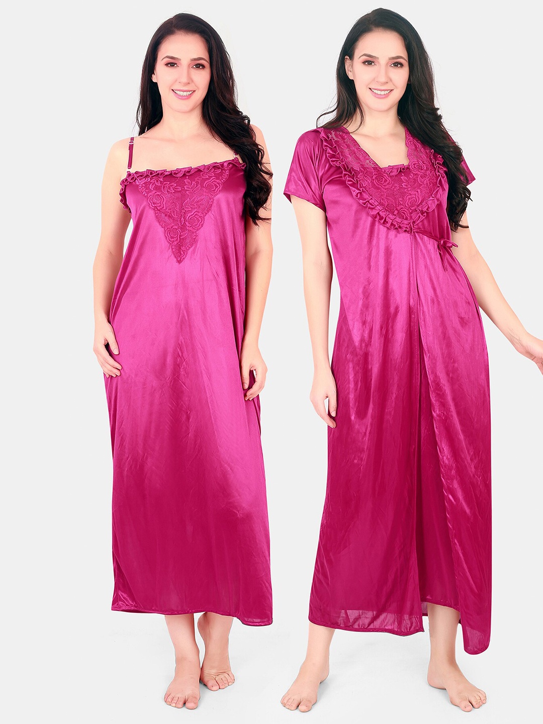 

Be You Floral Lace Shoulder Straps Satin Maxi Nightdress With Robe, Pink