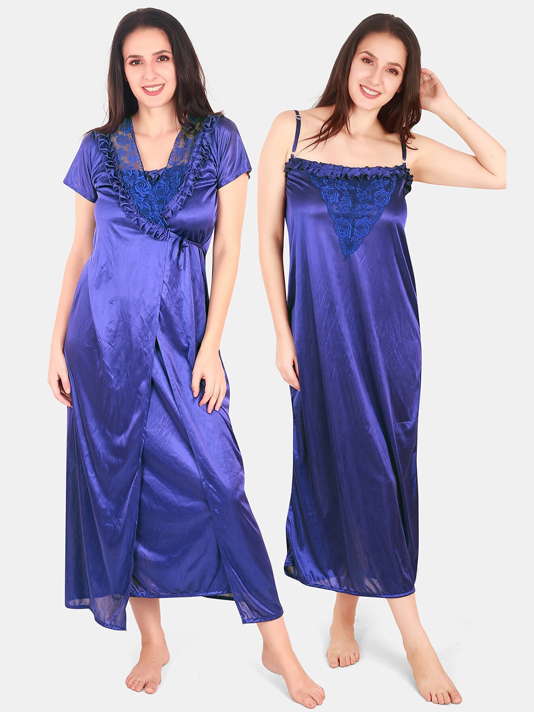 

Be You Floral Lace Shoulder Straps Satin Maxi Nightdress With Robe, Blue