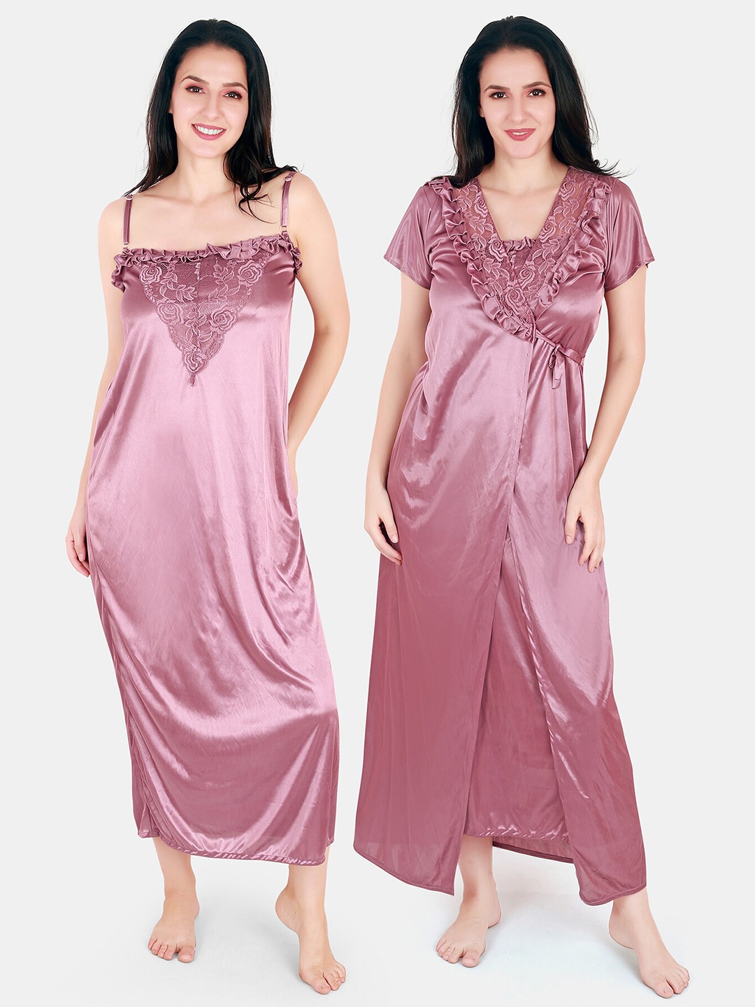 

Be You Floral Lace Shoulder Straps Satin Maxi Nightdress With Robe, Rose