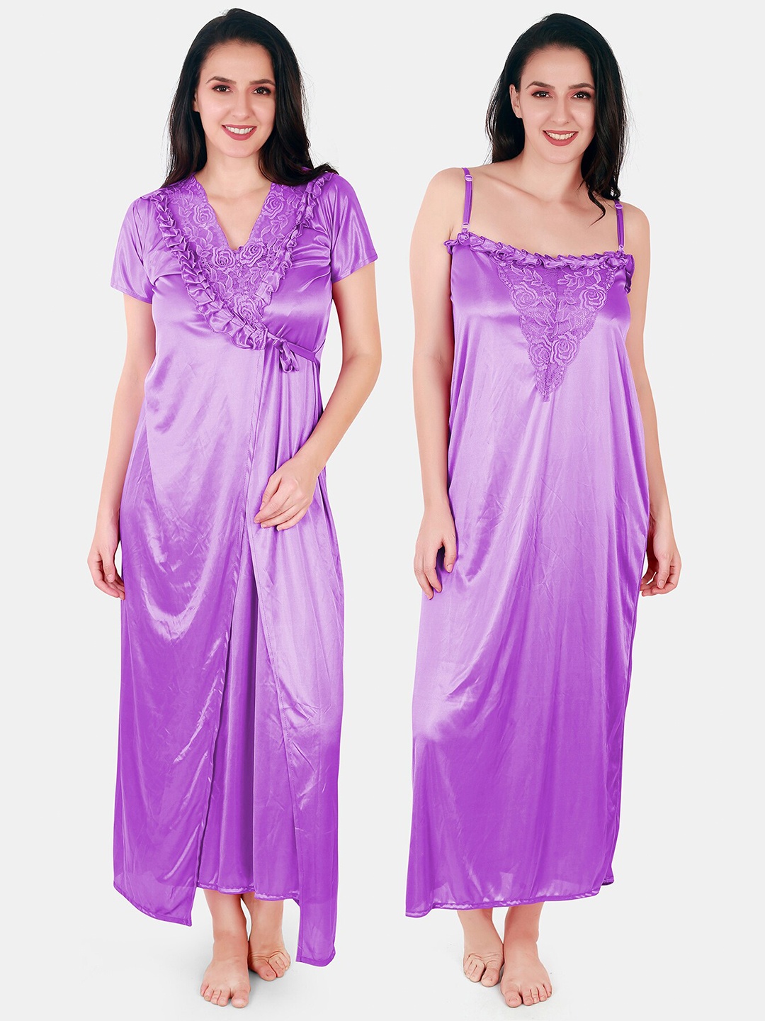 

Be You Floral Lace Shoulder Straps Satin Maxi Nightdress With Robe, Purple