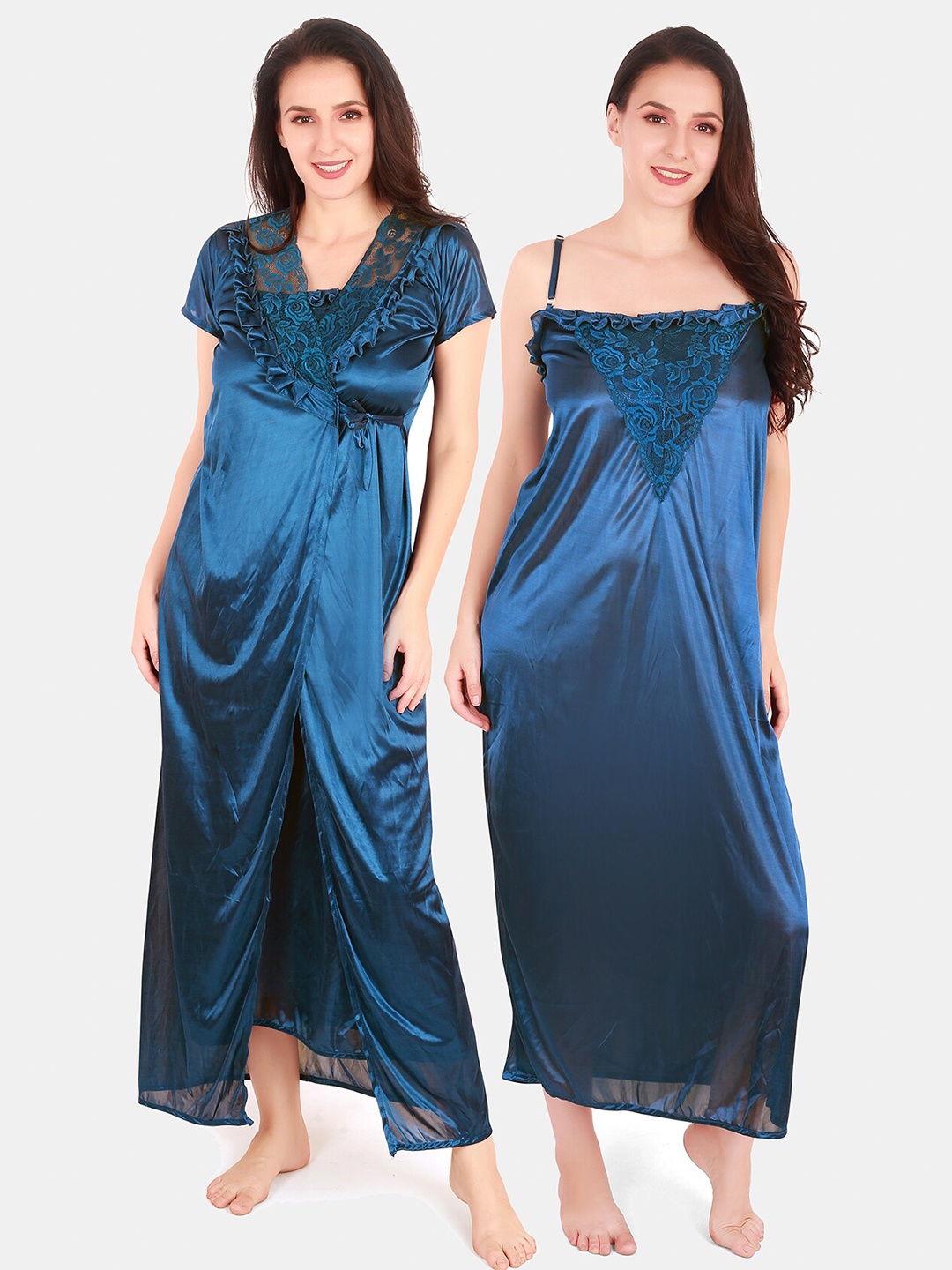 

Be You Floral Lace Shoulder Straps Satin Maxi Nightdress With Robe, Blue