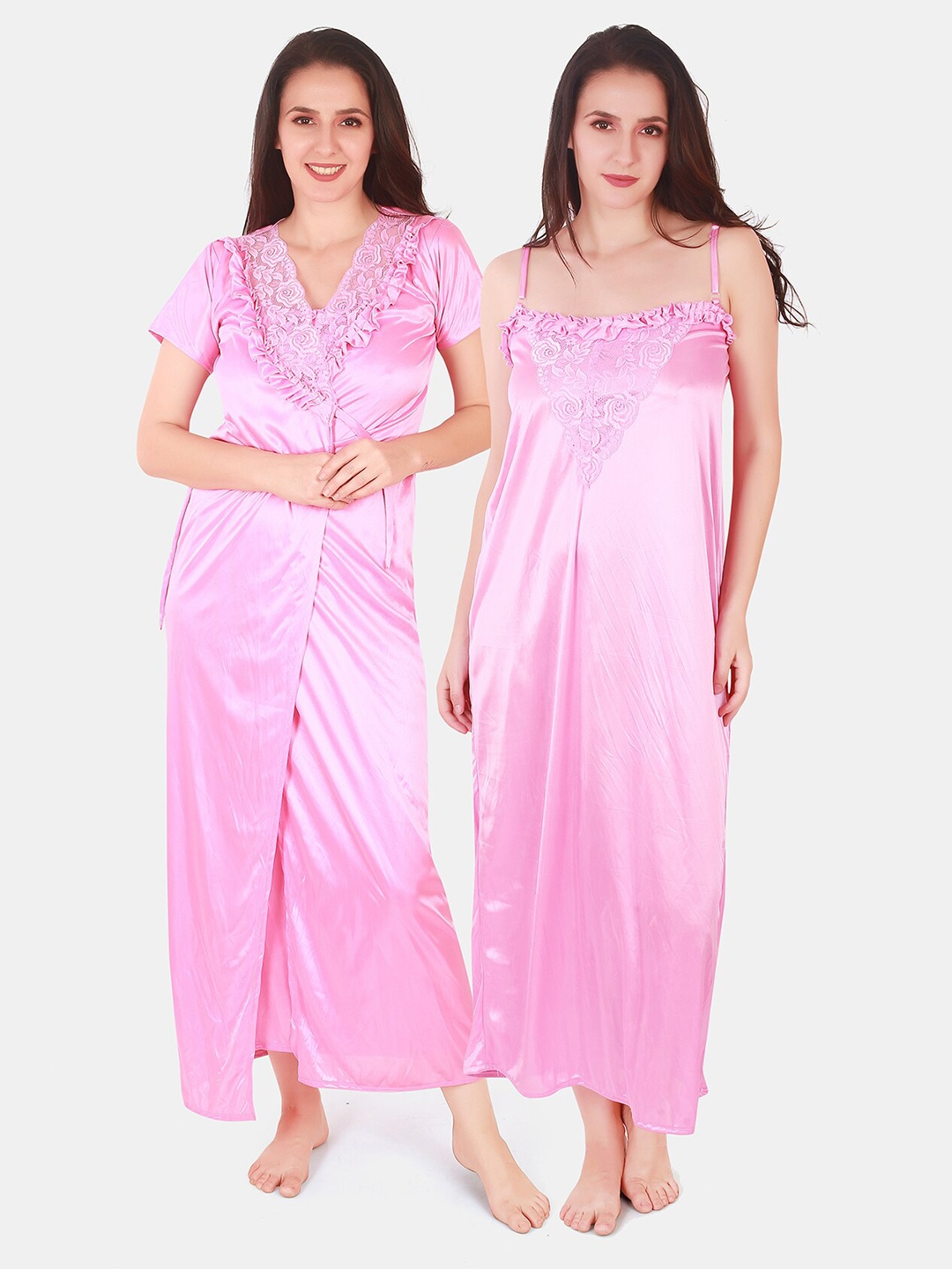 

Be You Floral Lace Shoulder Straps Satin Maxi Nightdress With Robe, Fuchsia