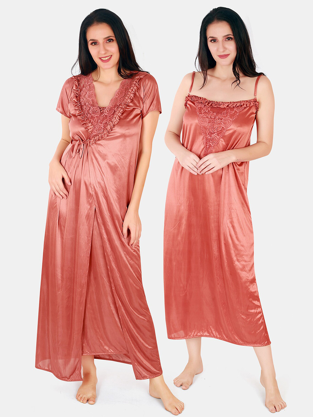 

Be You Floral Lace Shoulder Straps Satin Maxi Nightdress With Robe, Rust