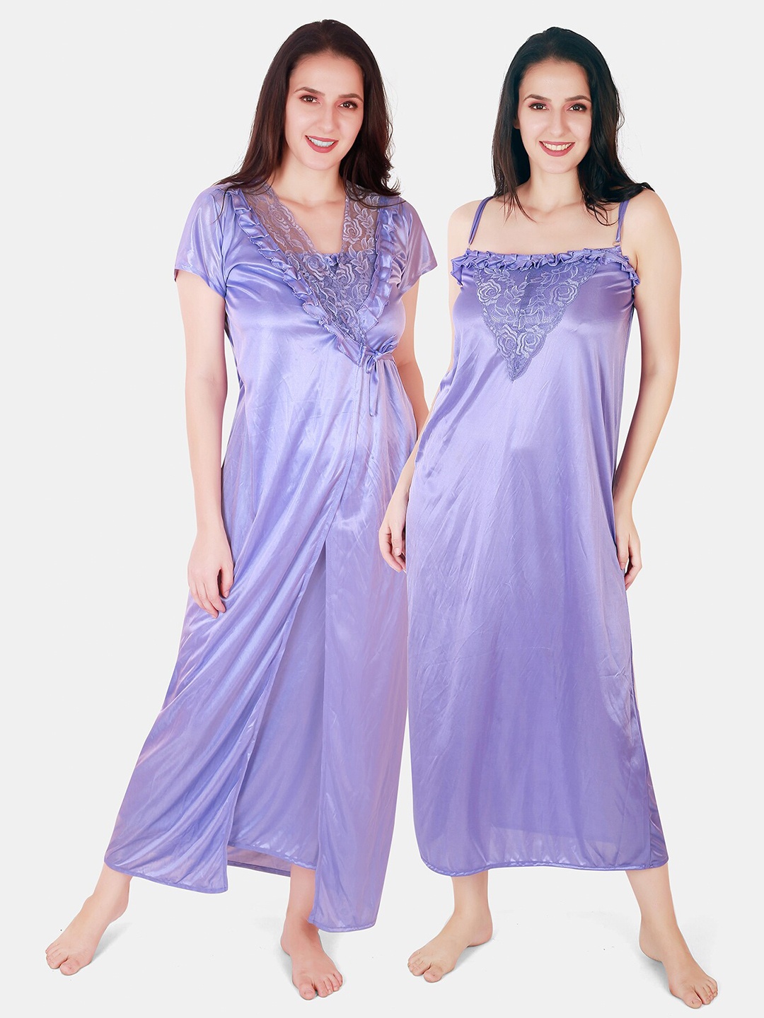 

Be You Floral Lace Shoulder Straps Satin Maxi Nightdress With Robe, Lavender