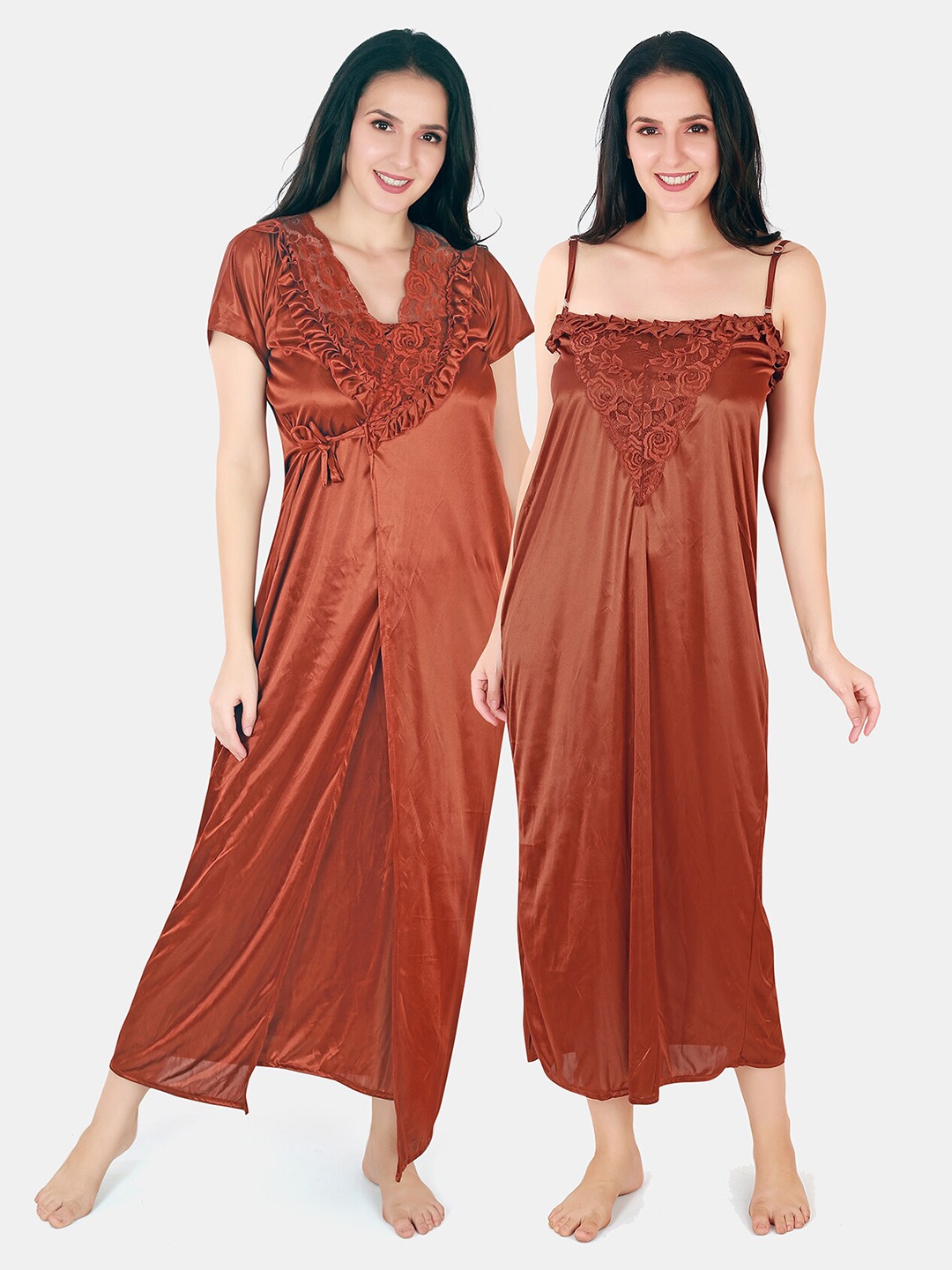 

Be You Floral Lace Shoulder Straps Satin Maxi Nightdress With Robe, Coral