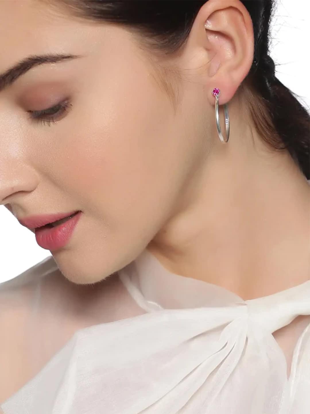 

Unniyarcha 92.5 Silver Zircon Studded Hoop Earrings