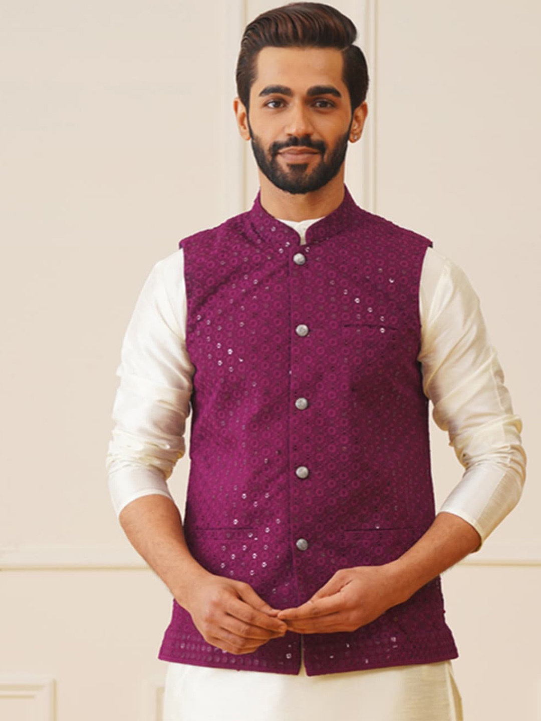 

Jompers Ethnic Motifs Embroidered Mandarin Collar Sleeveless Nehru Jacket, Purple