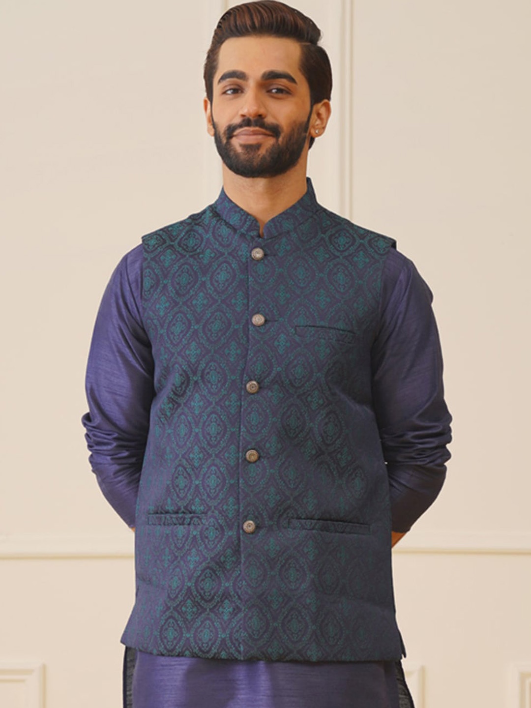 

Jompers Printed Woven Design Mandarin Collar Sleeveless Nehru Jacket, Navy blue