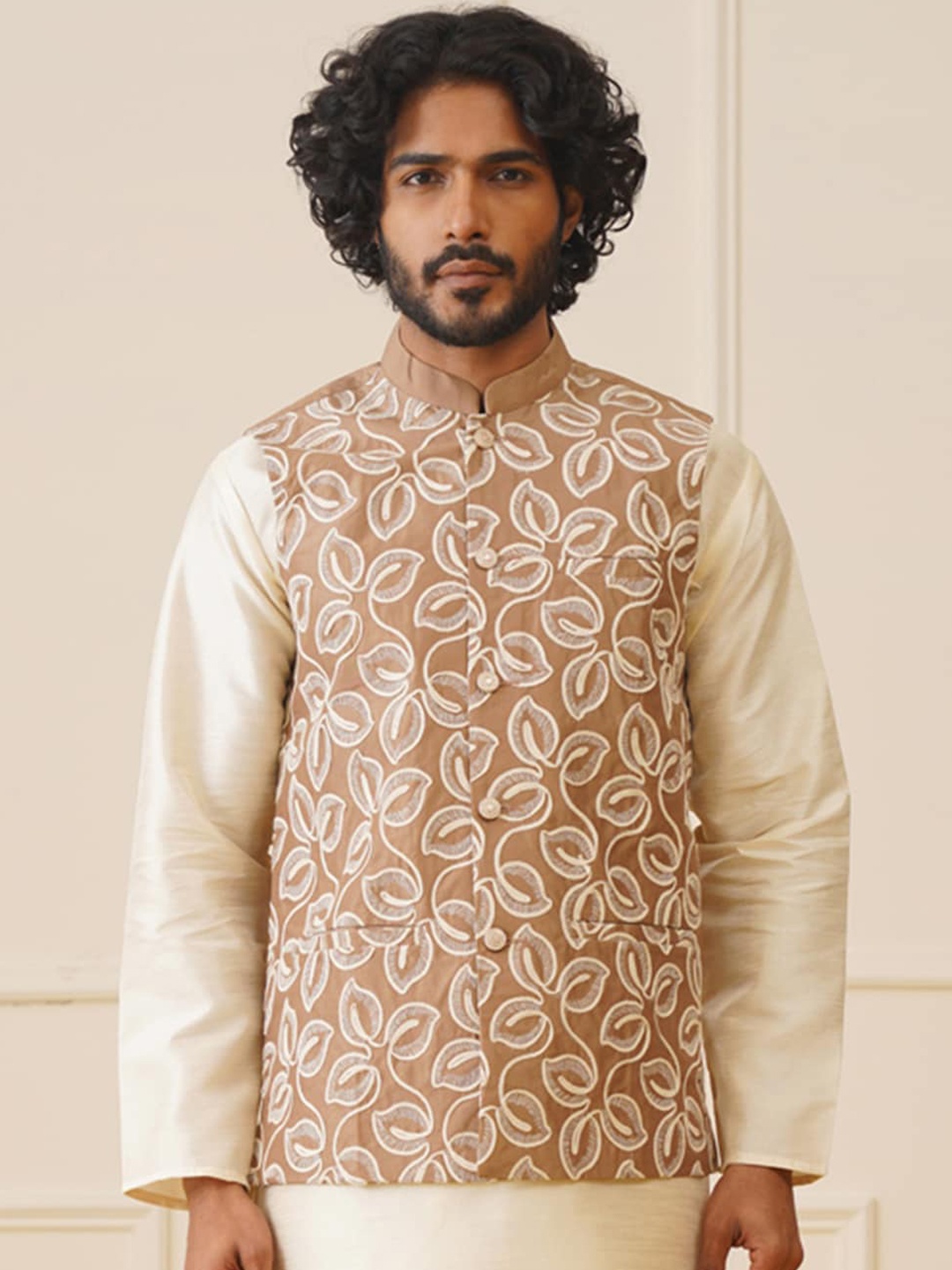 

Jompers Floral Embroidered Mandarin Collar Sleeveless Woven Nehru Jacket, Brown