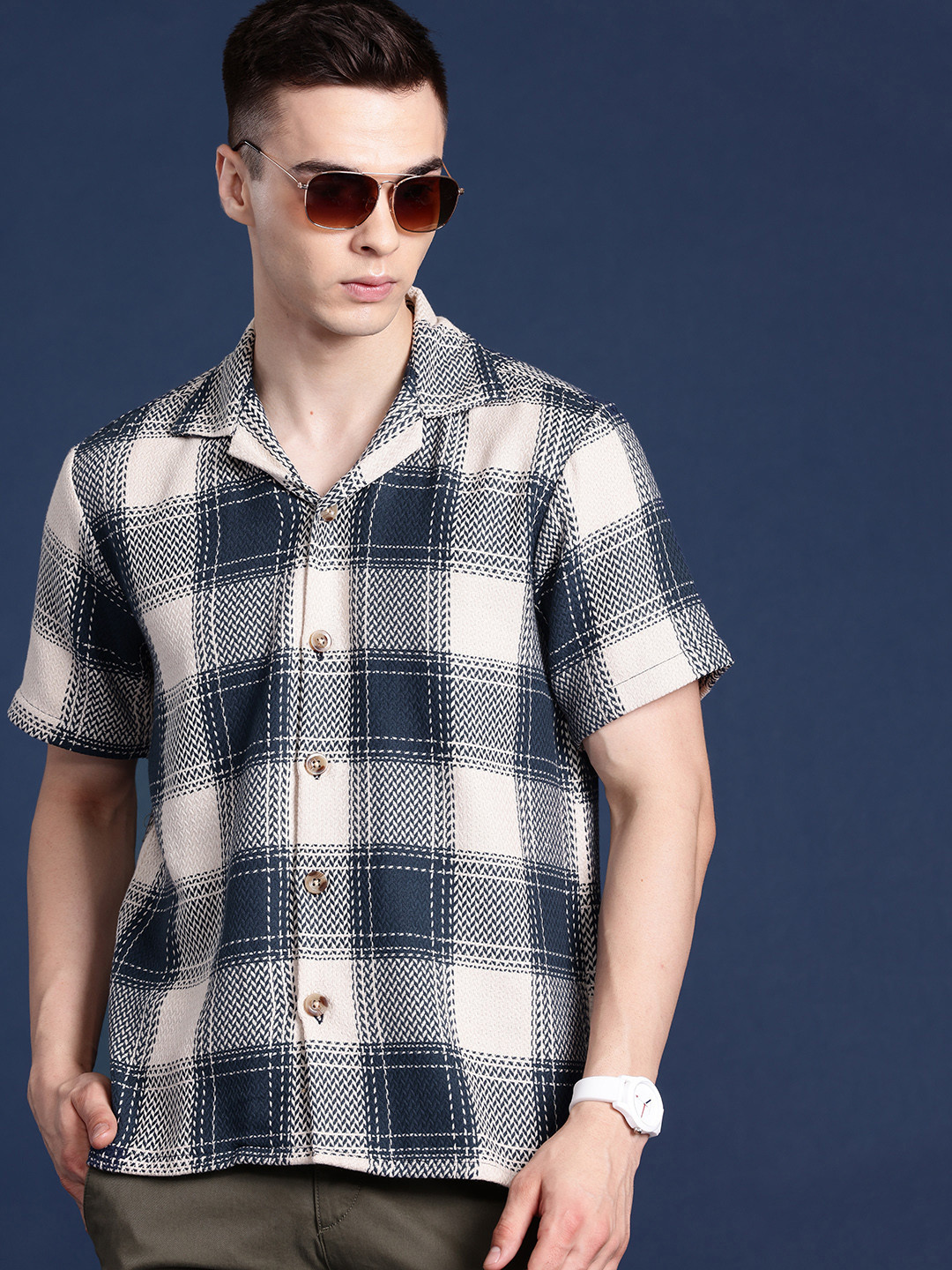 

Hancock Men Relaxed Fit Opaque Checked Cotton Casual Shirt, Beige