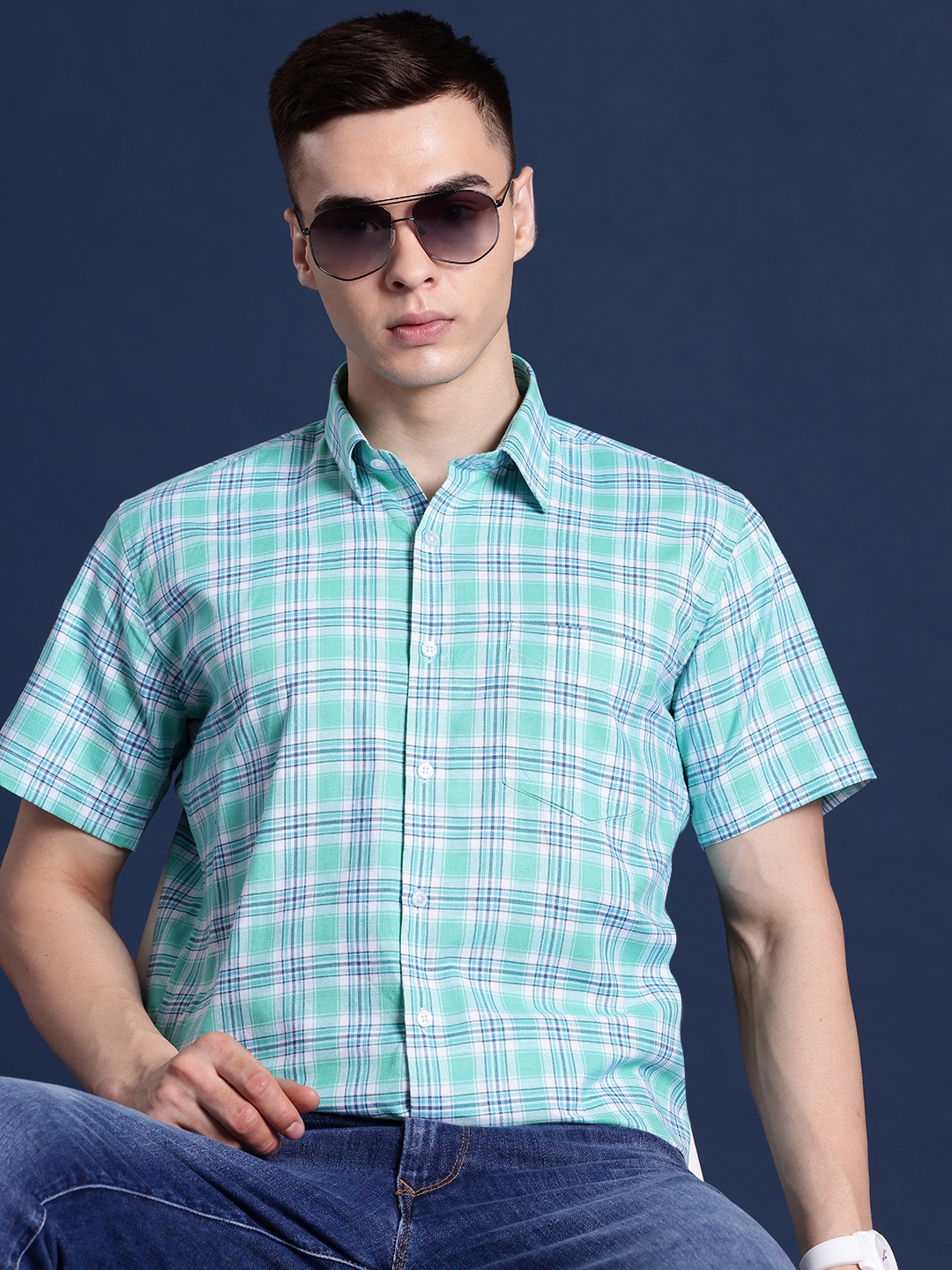 

Hancock Men Standard Slim Fit Checked Cotton Formal Shirt, Sea green