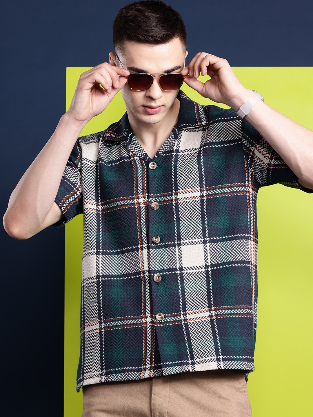 

Hancock Men Relaxed Fit Tartan Checked Cotton Casual Shirt, Navy blue