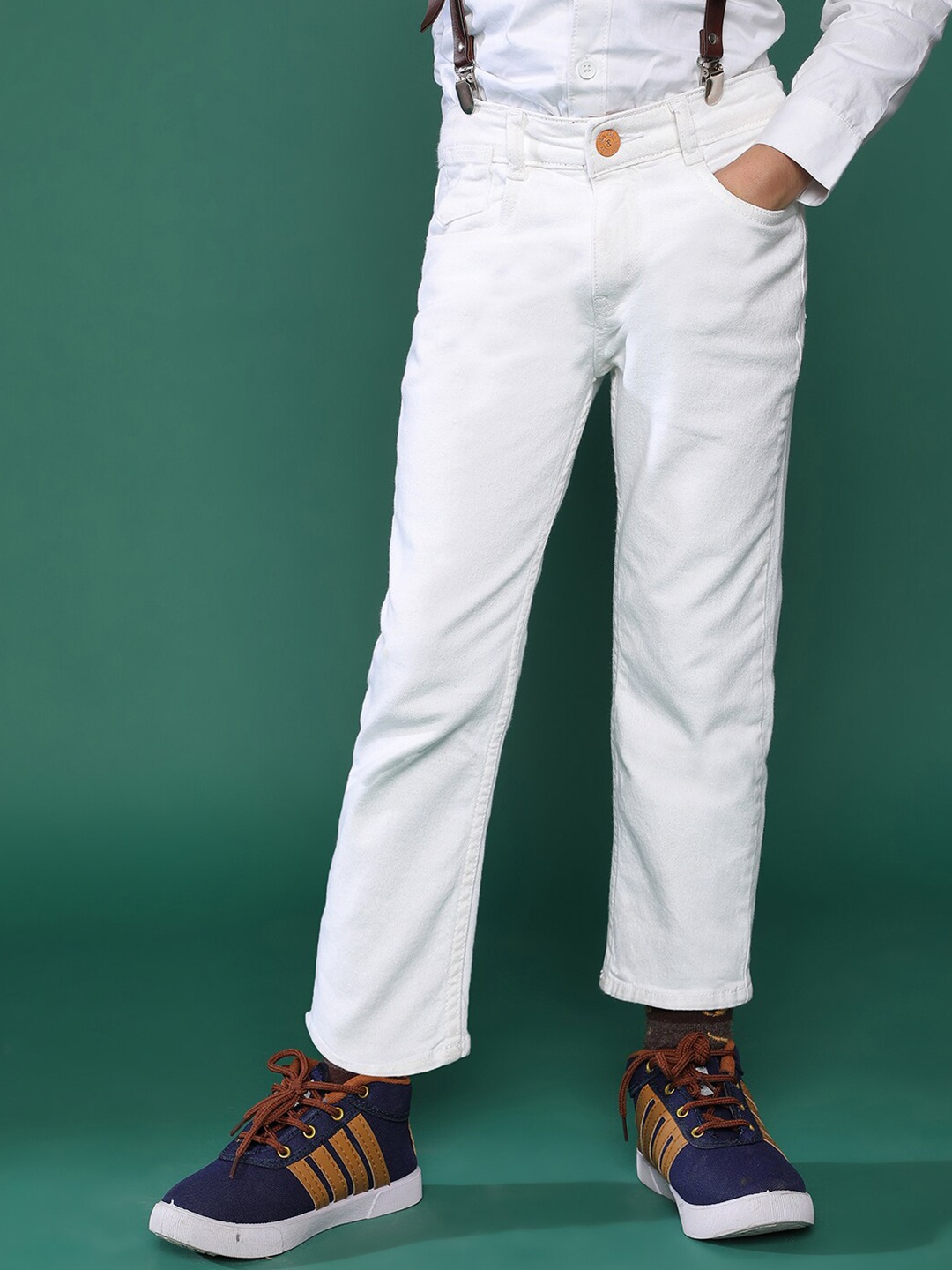 

TALES & STORIES Boys Slim Fit Clean Look Stretchable Jeans With Suspenders, White