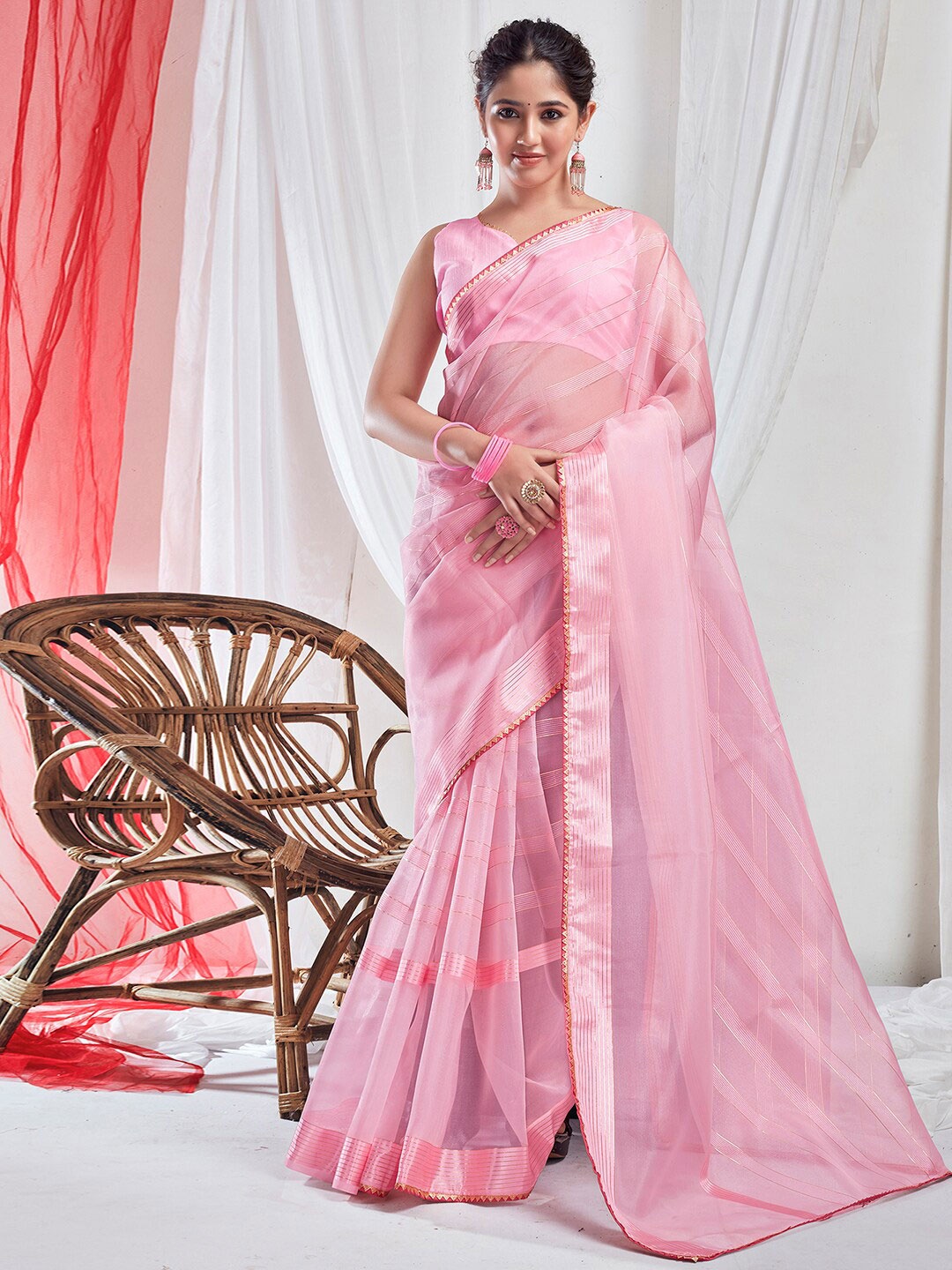 

KALINI Striped Zari Organza Saree, Peach