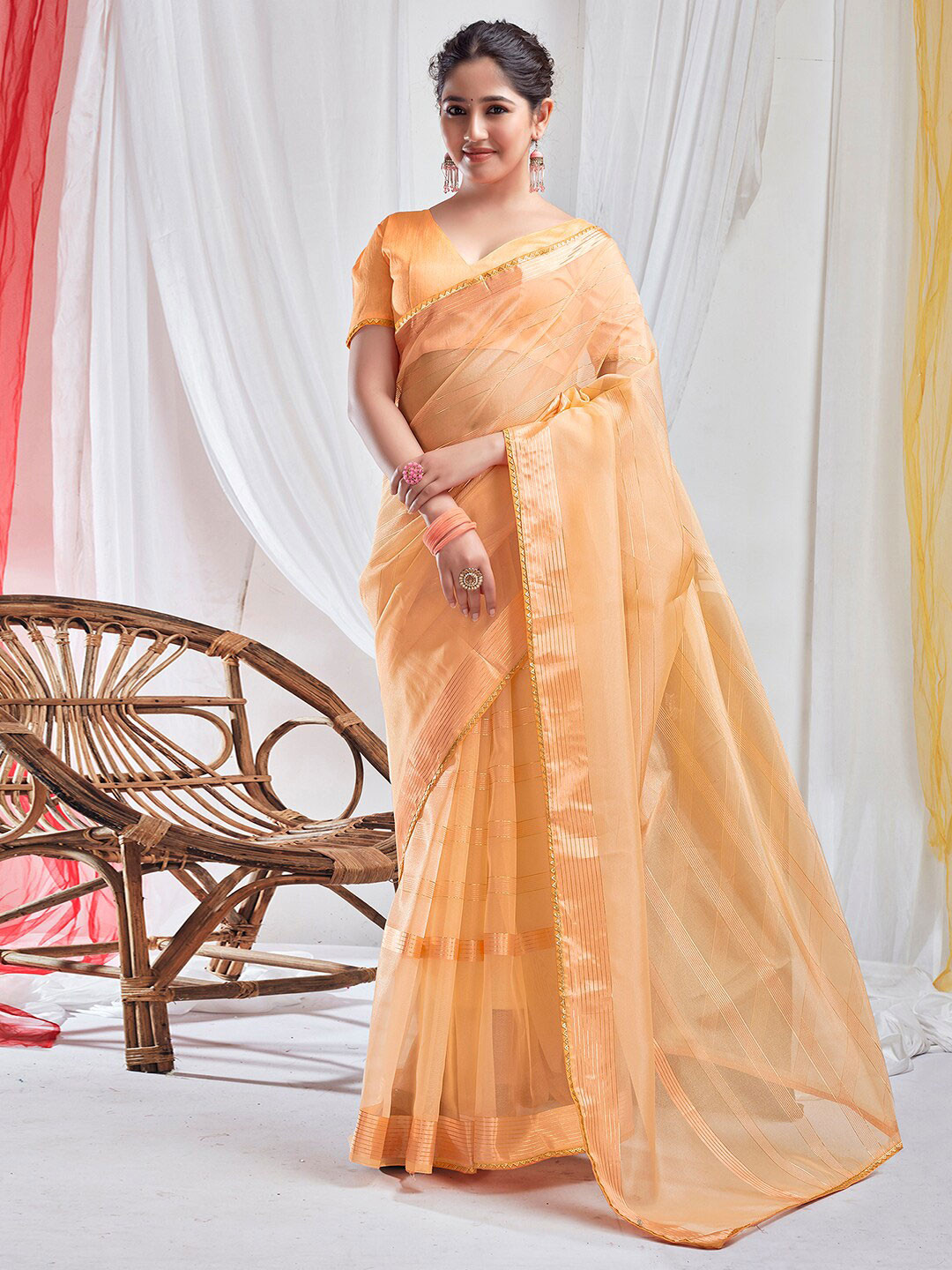 

KALINI Striped Woven Design Zari Organza Saree, Orange