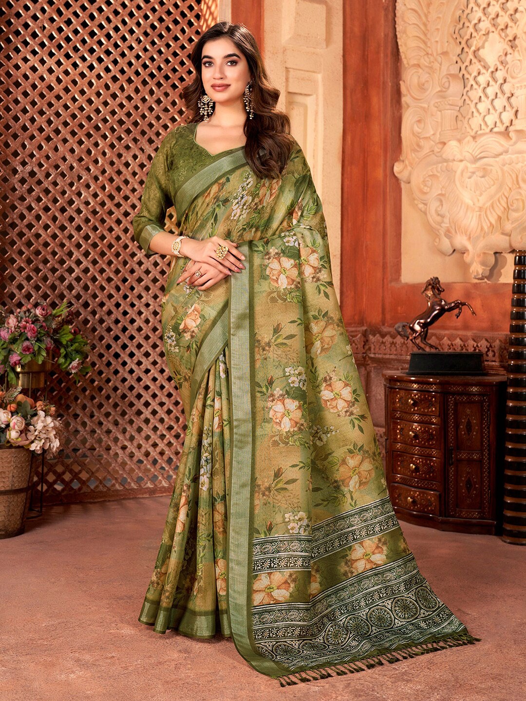 

KALINI Floral Printed Zari Saree, Olive