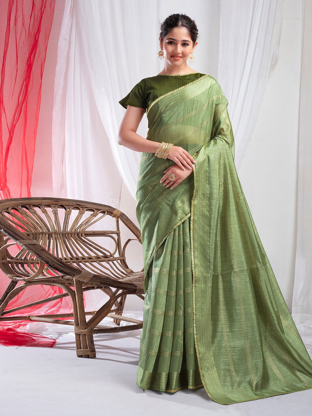 

KALINI Ethnic Motifs Woven Design Zari Art Silk Saree, Lime green
