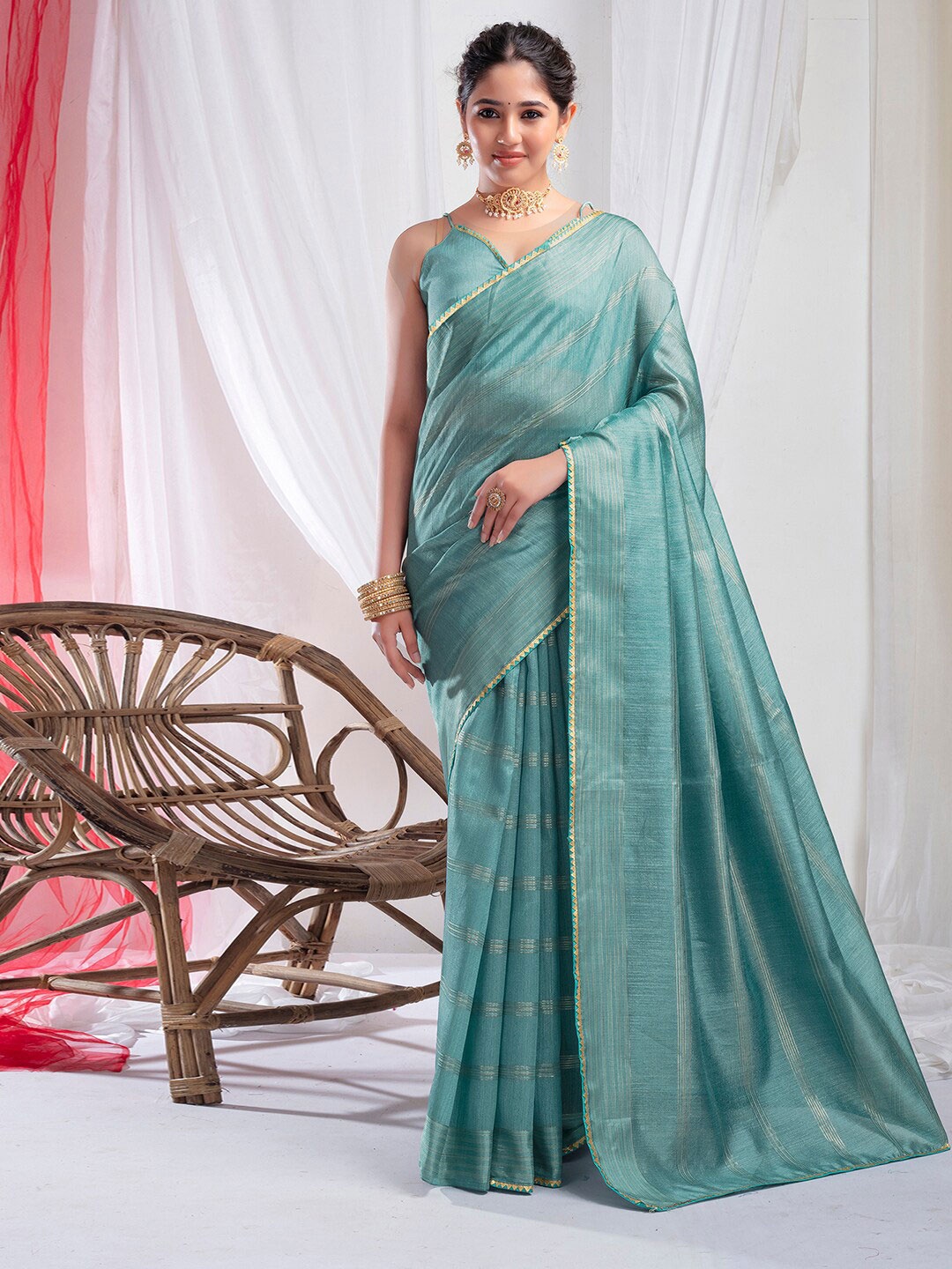 

KALINI Striped Woven Design Zari Saree, Blue