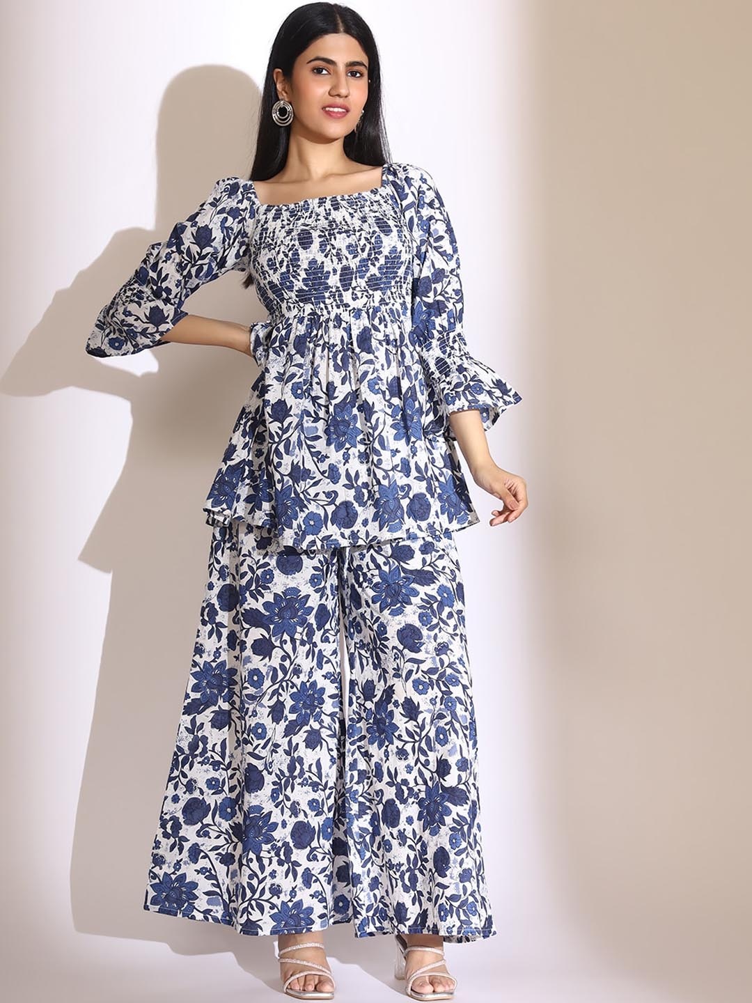 

Anubhutee Floral Printed Shirred Yoke Pleated Top With Palazzos Co-Ords, Navy blue