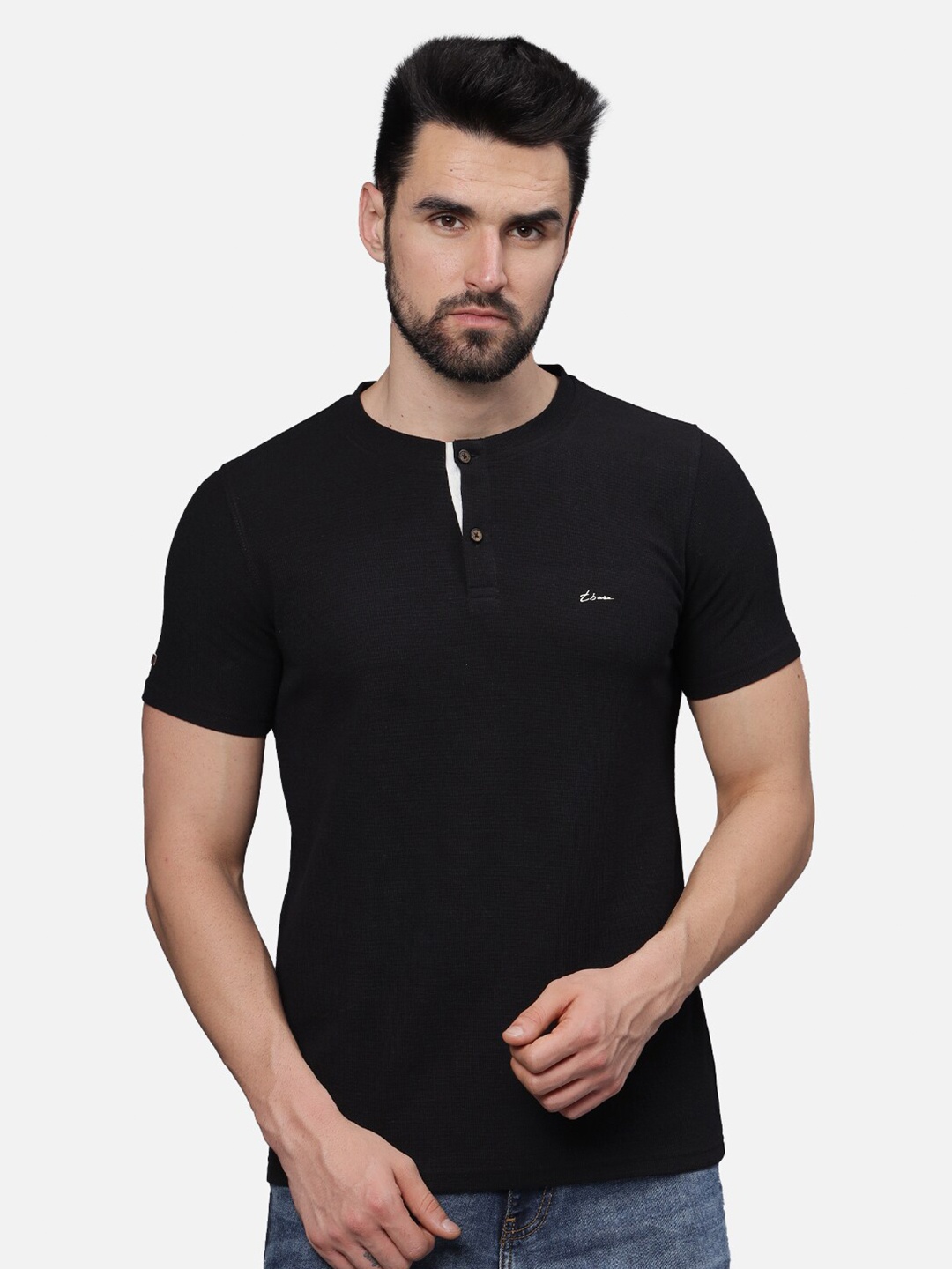 

t-base Men Henley Neck Applique T-shirt, Navy blue