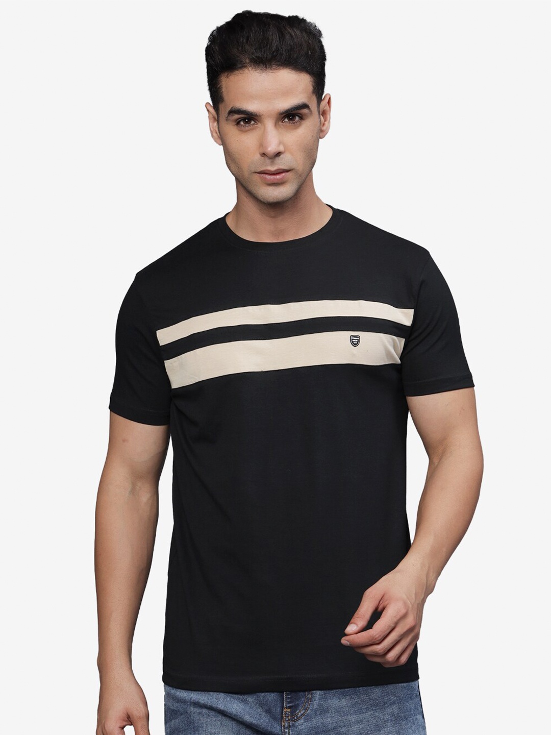 

t-base Men Striped Applique T-shirt, Black
