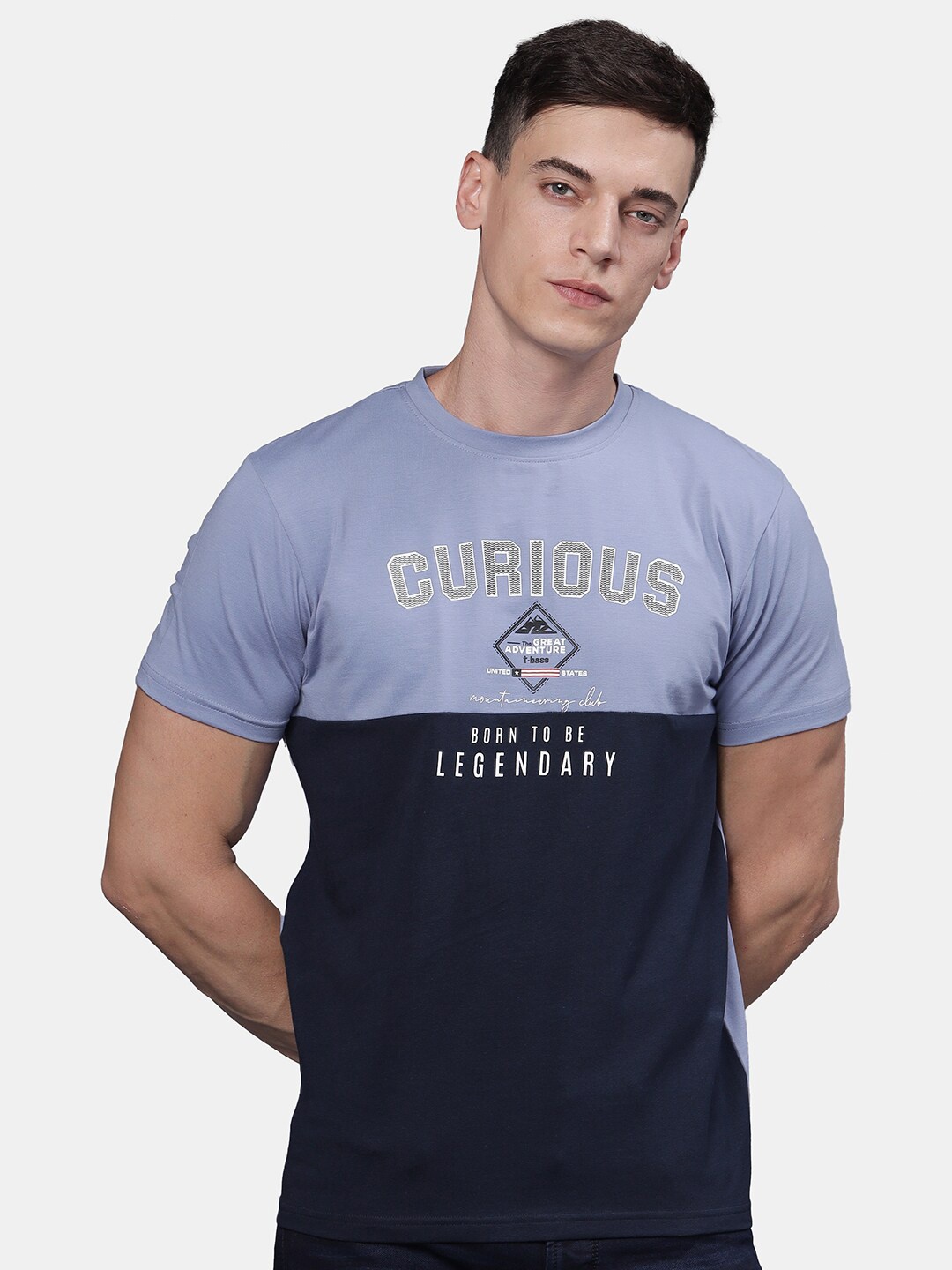 

t-base Men Typography Colourblocked T-shirt, Blue