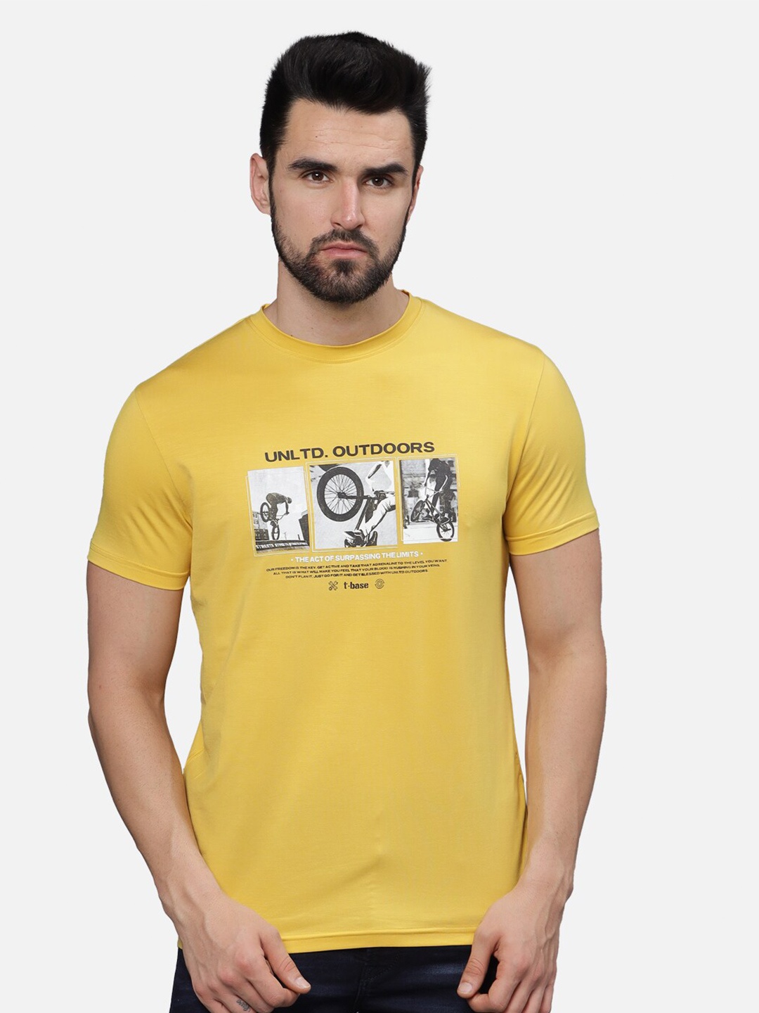 

t-base Men Typography Printed Applique T-shirt, Mustard