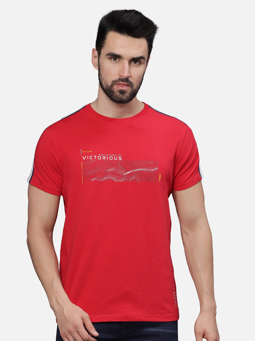 

t-base Men Typography Printed Pockets T-shirt, Red