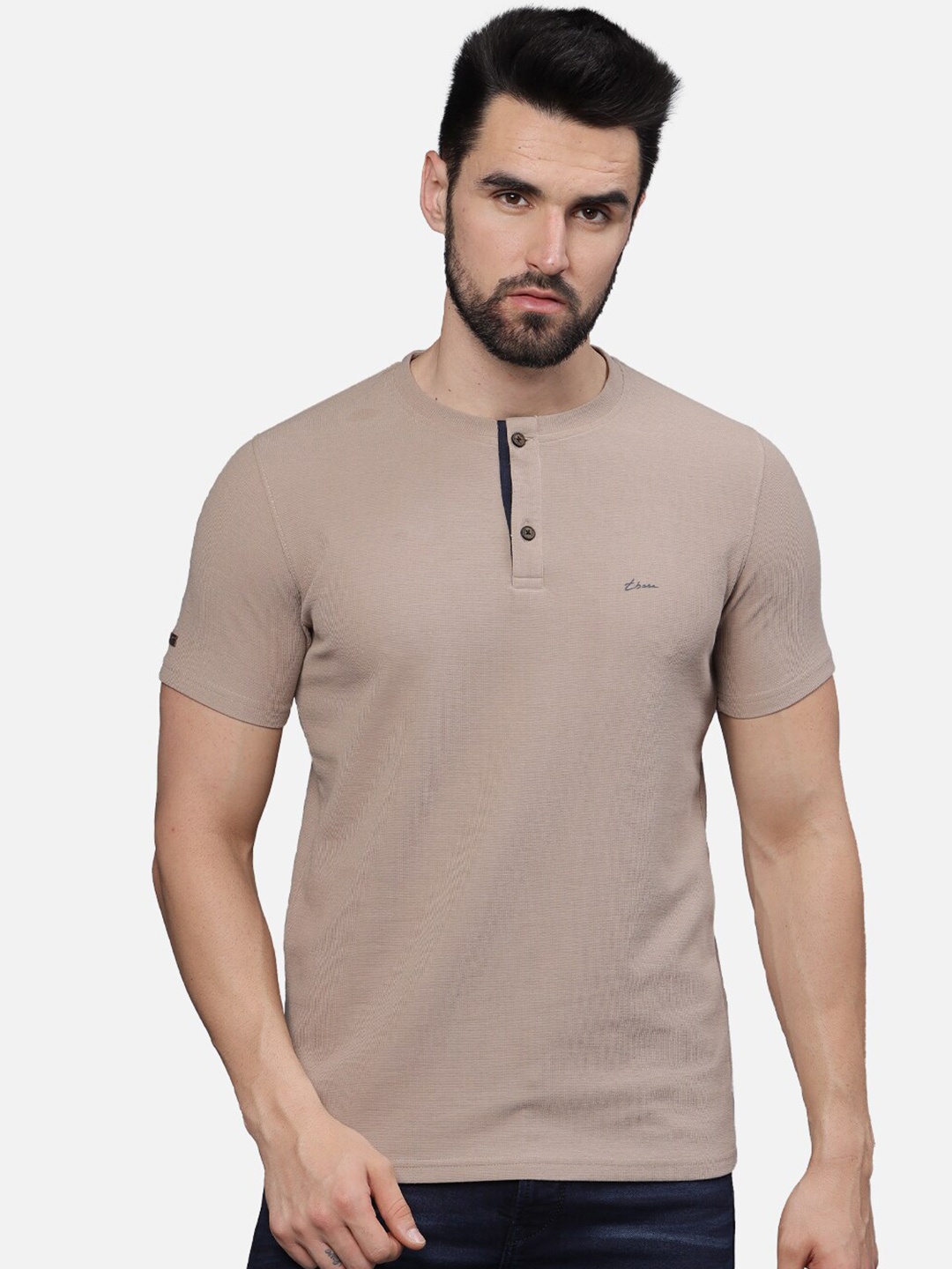 

t-base Men Henley Neck Raw Edge T-shirt, Beige