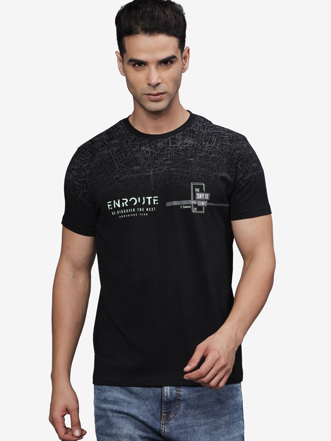 

t-base Men Typography Printed Applique T-shirt, Black