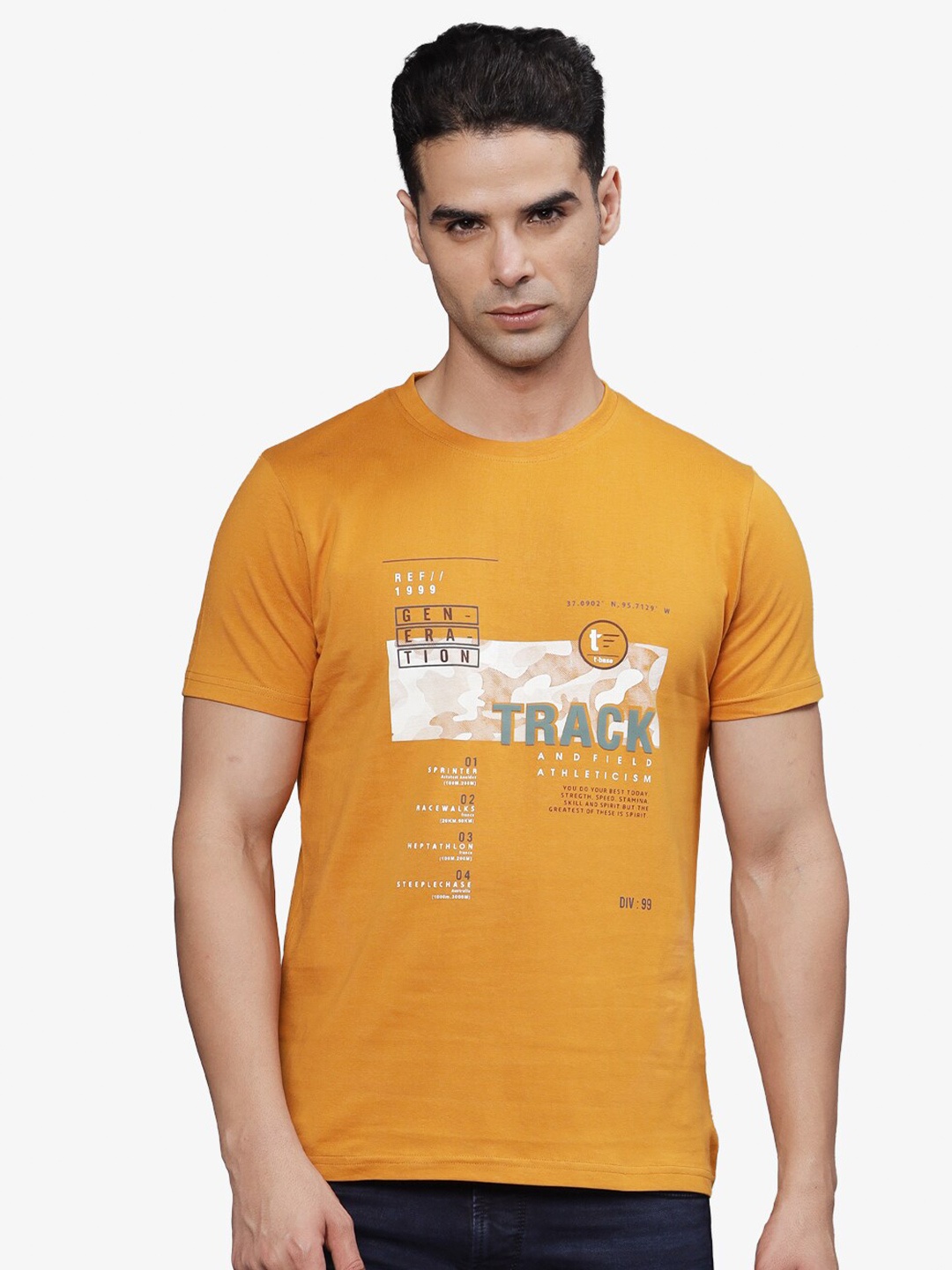 

t-base Men Typography Printed Applique T-shirt, Mustard