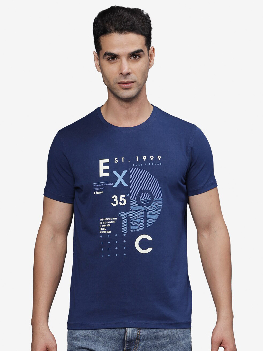 

t-base Men Typography Printed T-shirt, Blue