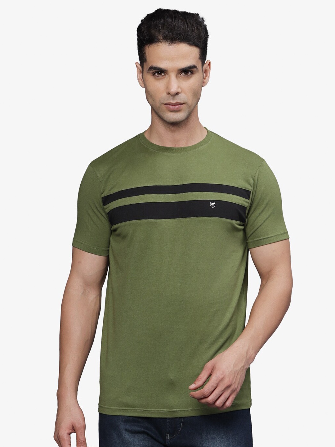 

t-base Men Striped Extended Sleeves Pockets T-shirt, Olive