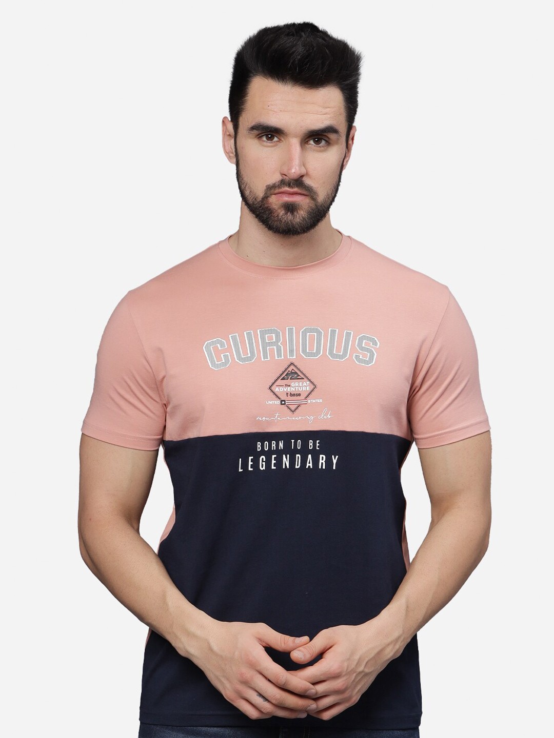 

t-base Men Colourblocked T-shirt, Pink