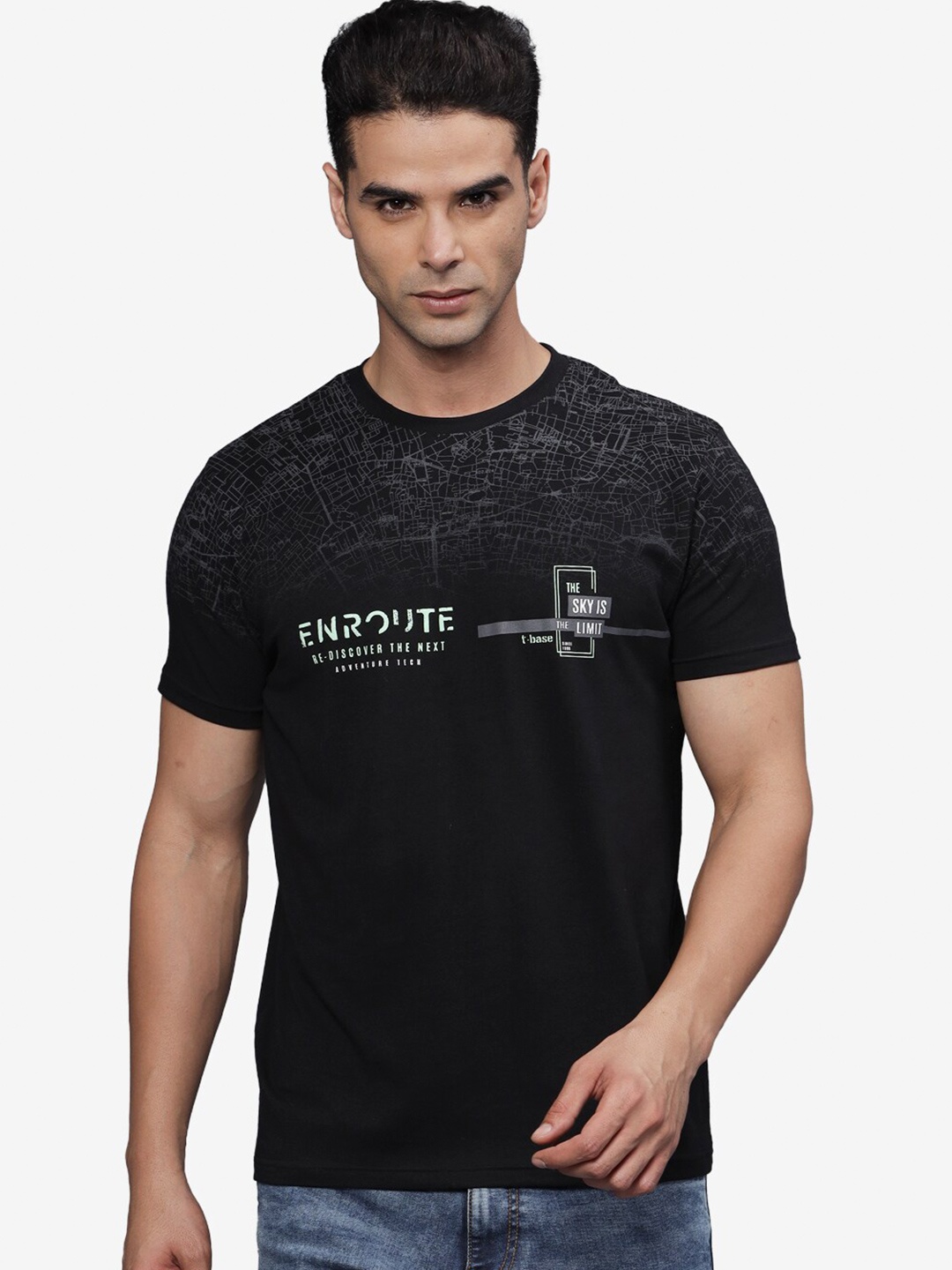 

t-base Men Typography Printed Applique T-shirt, Black