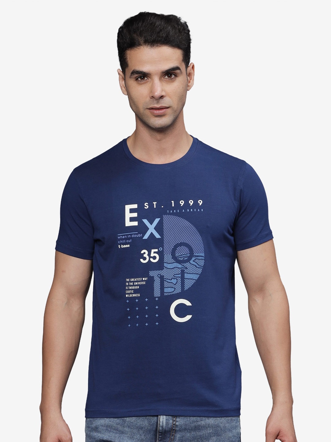 t-base Men Typography Printed T-shirt, Blue