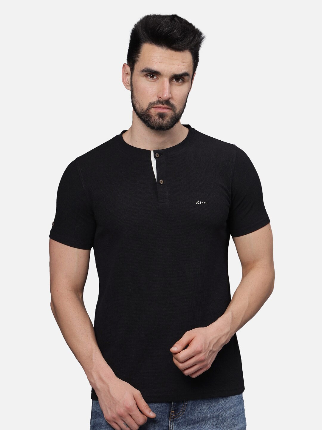 

t-base Men Henley Neck Applique T-shirt, Navy blue