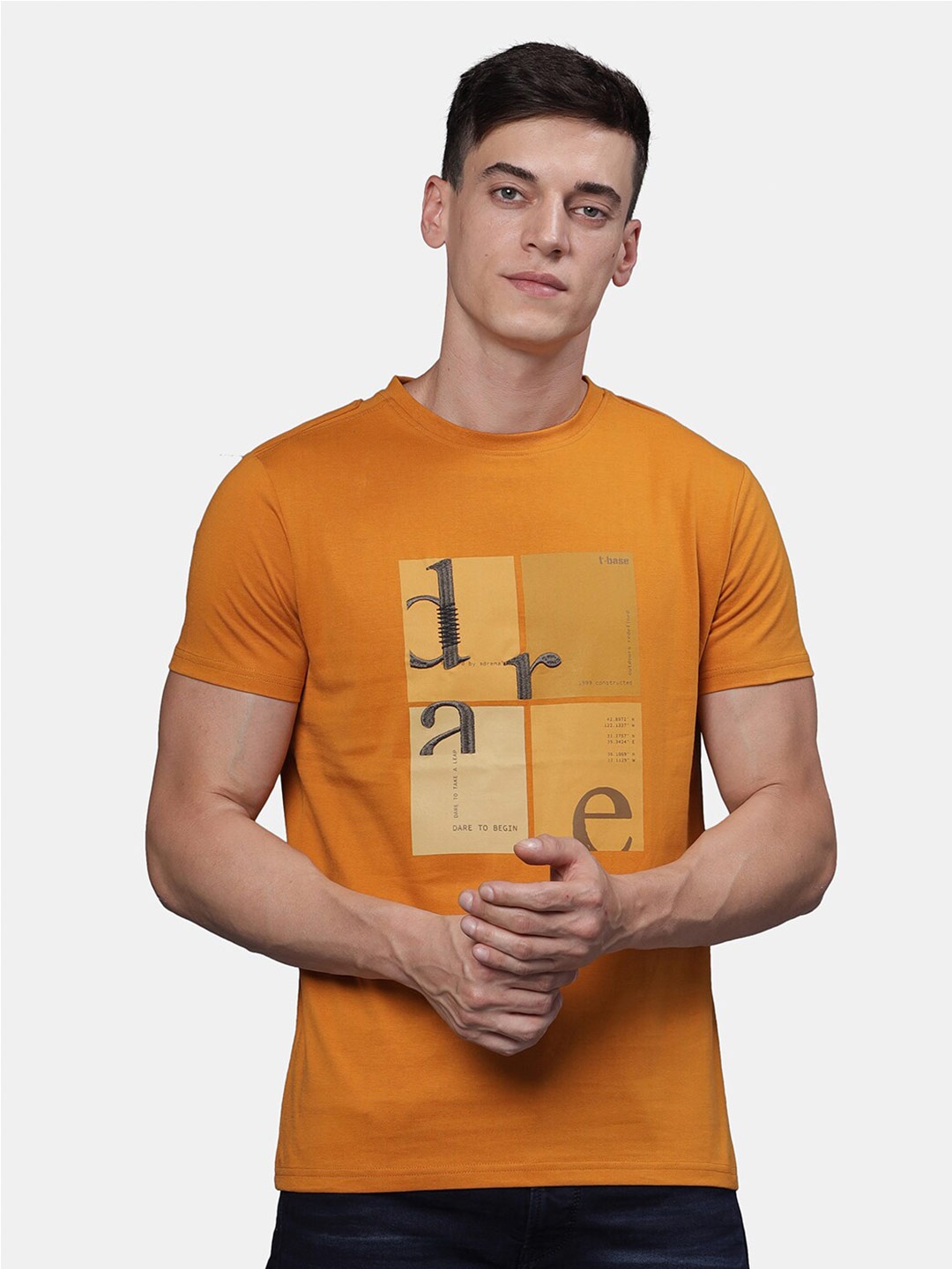 

t-base Men Typography Printed T-shirt, Mustard