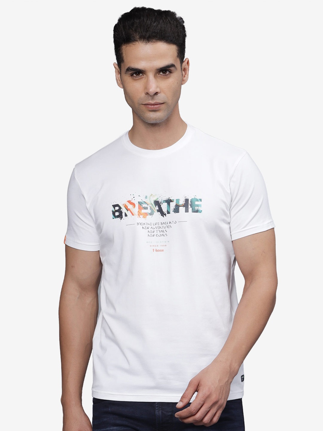 

t-base Men Typography Printed Applique T-shirt, White